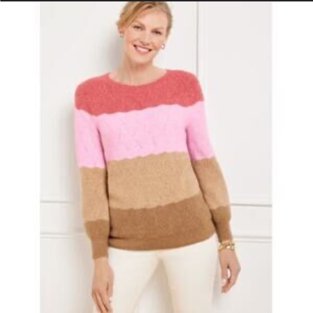 Talbots XL Striped Color Block Pink & Beige Soft Crew Neck Sweater - Picture 2 of 6